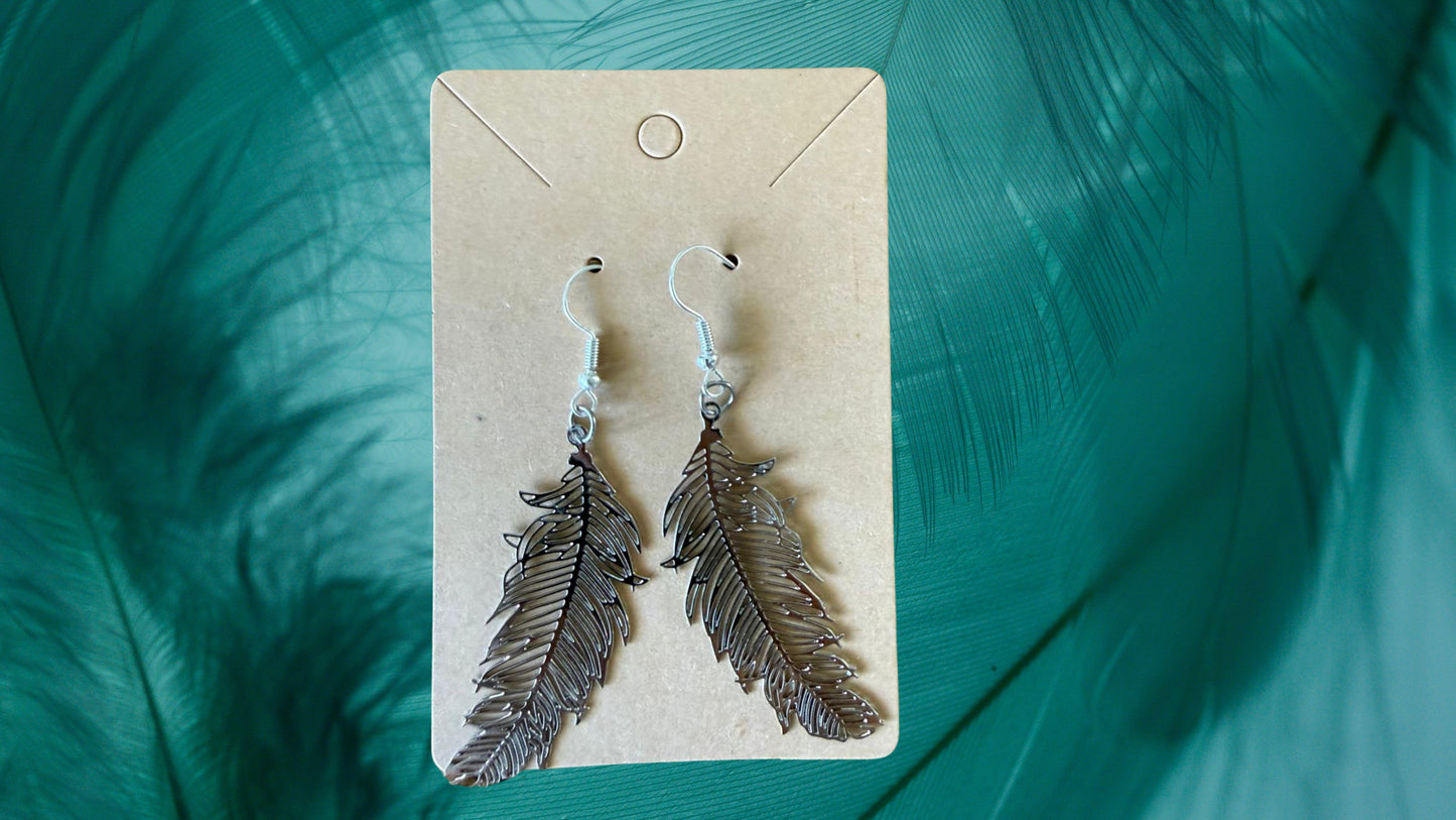 Silver feather drop earrings