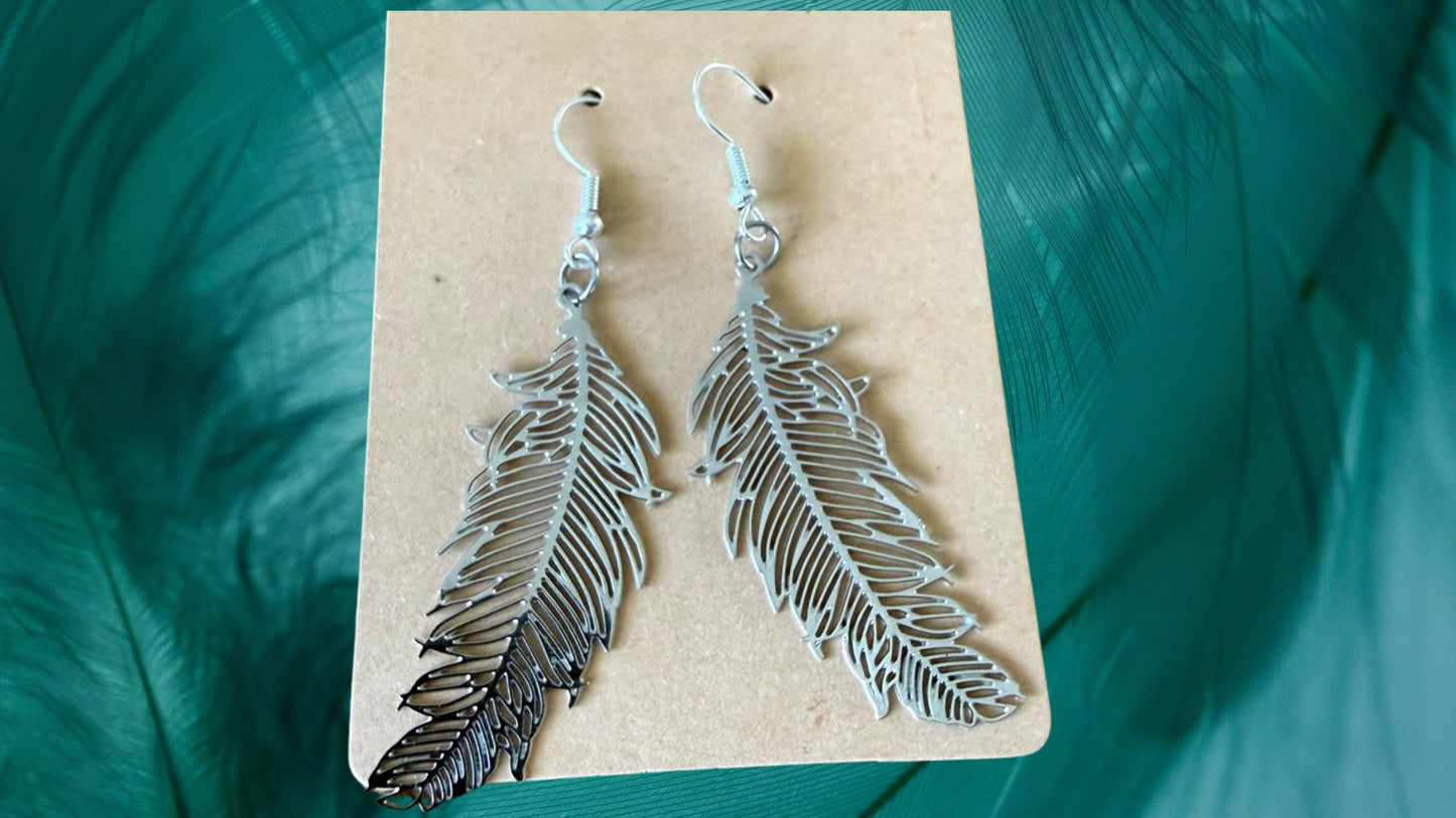 Silver feather drop earrings