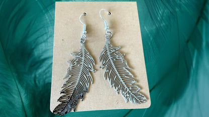 Silver feather drop earrings