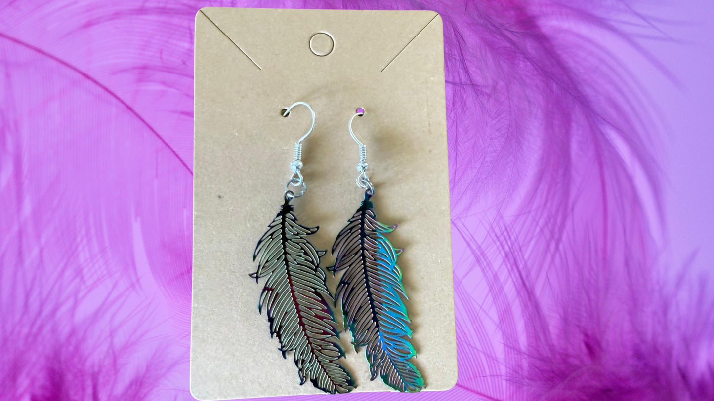 Rainbow feather drop earrings